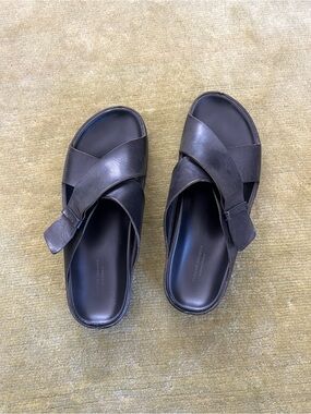 Officine Creative Black Leather Crossover Slide Sandals